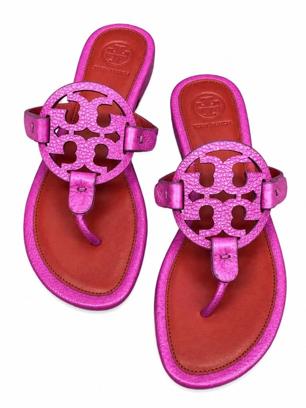Tory Burch Miller Pink Magenta Leather Flat Thong Sandals Cutout Logo Size 5.5